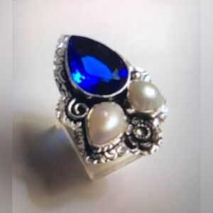 Blue Topaz Pearl Stamped 925 Sterling Silver Ring